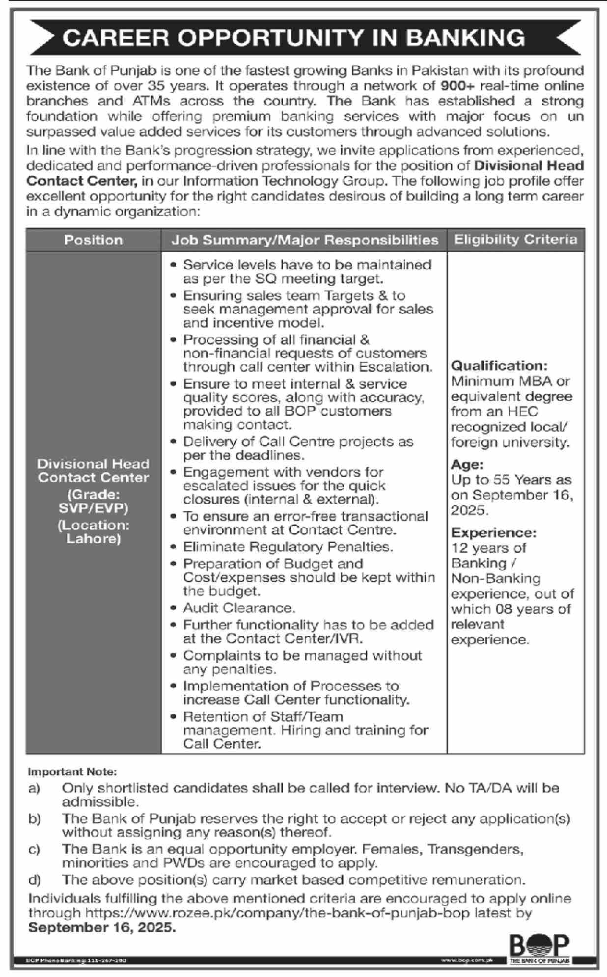 Jobs in the Bank of Punjab